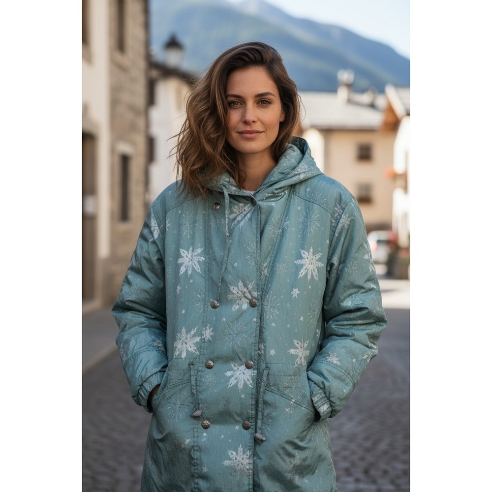 Vtg Cyclone Down Puffer Coat Jacket Snowflake Hood Vented Mid Length Size L